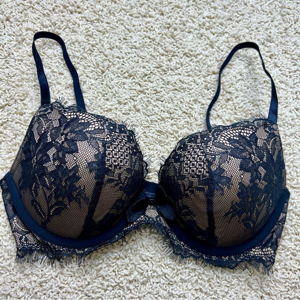 SOMA Ravishing Plunge Push Up Eyelash Lace Padded Cups Underwire Noir Black 34C